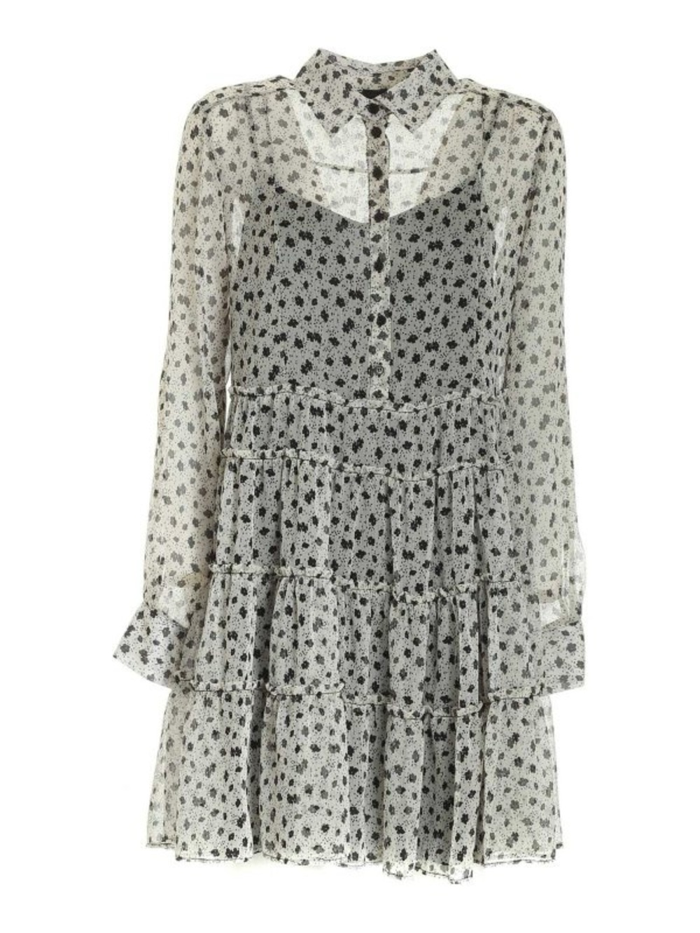 Pinko Sheer Black and White Floral Tiered Shirt Dress